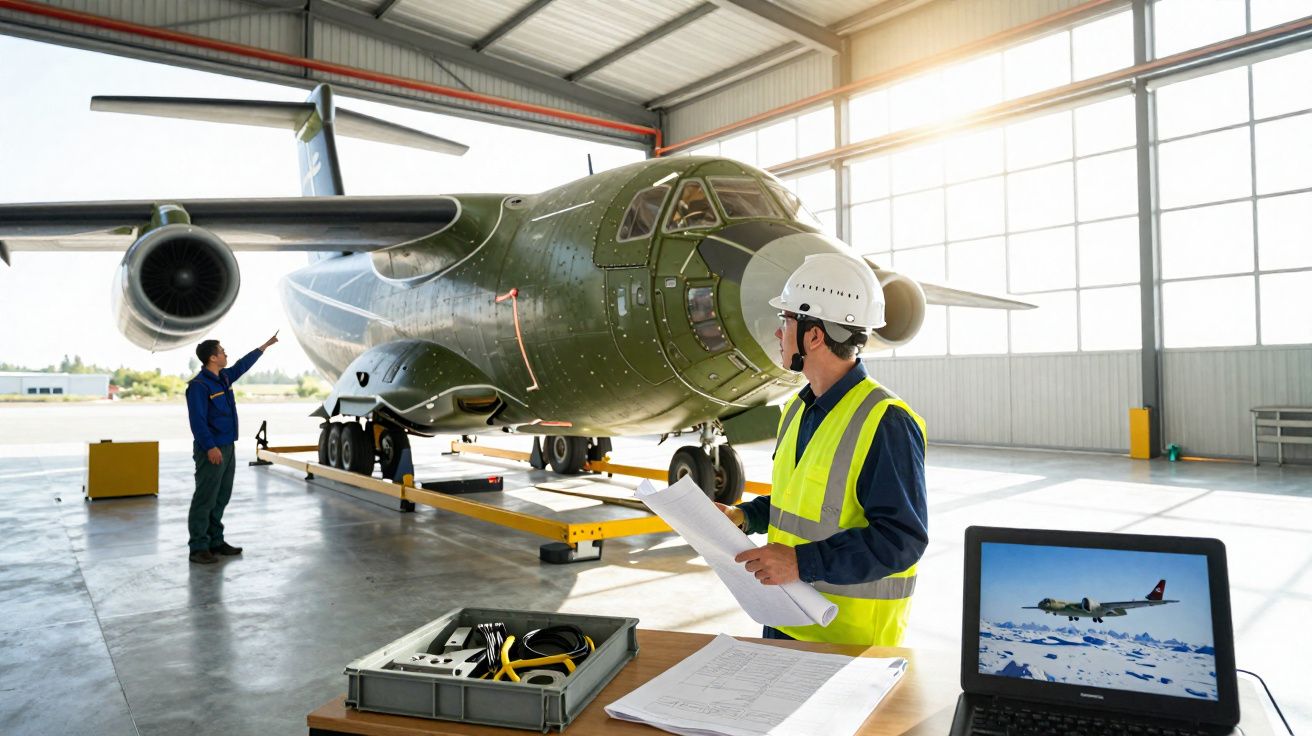 Funcionários inspecionam um avião militar verde em hangar bem iluminado com apontamentos e laptop na mesa.