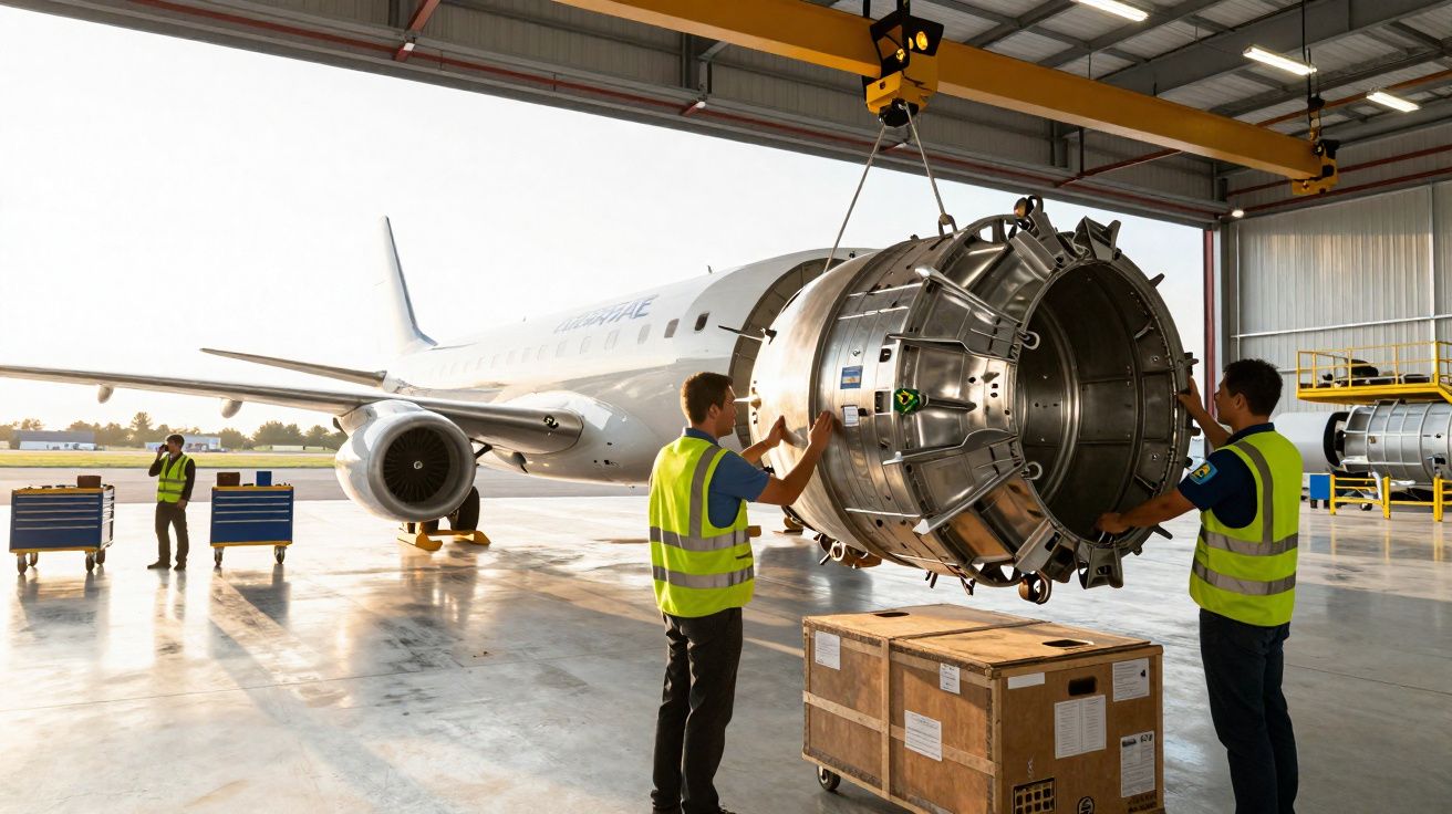 Dois técnicos com coletes amarelos instalam motor de avião num hangar, com avião ao fundo e outro técnico a observar.