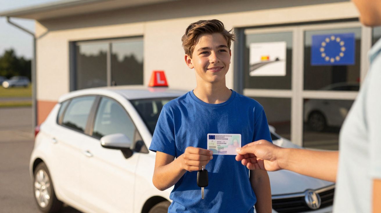 Jovem a receber carta de condução ao lado de carro de escola de condução ao ar livre.