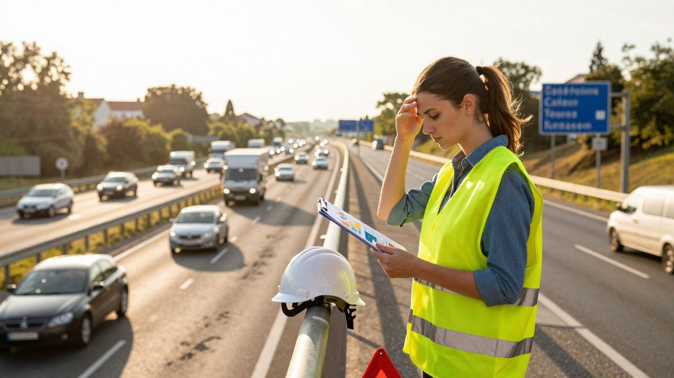 Mulher com colete amarelo e capacete branco verifica clipboard numa autoestrada com tráfego intenso ao pôr do sol.