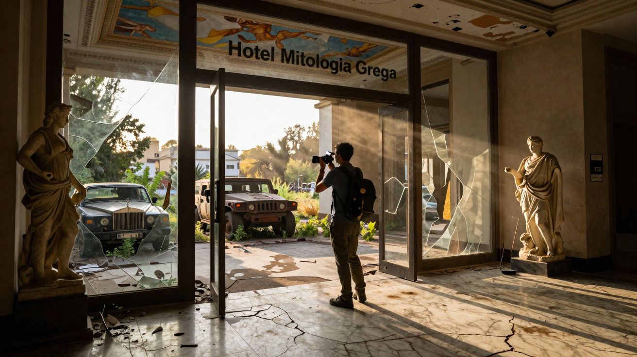 Homem fotografa ruínas com estátuas e vidros partidos na entrada do Hotel Mitologia Grega ao pôr do sol.