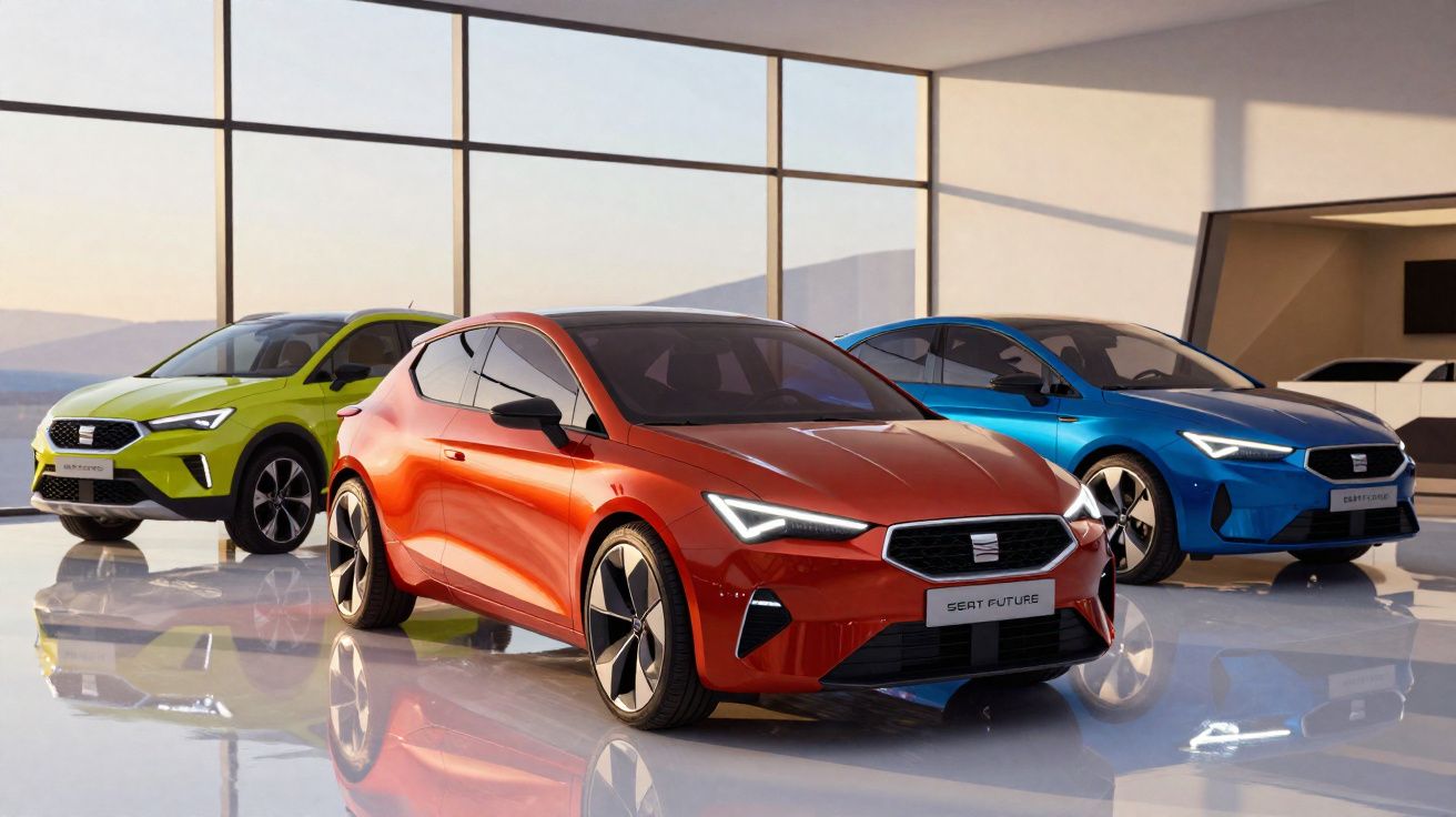 Três carros SEAT Future em cores laranja, verde e azul expostos numa sala com grandes janelas panorâmicas.