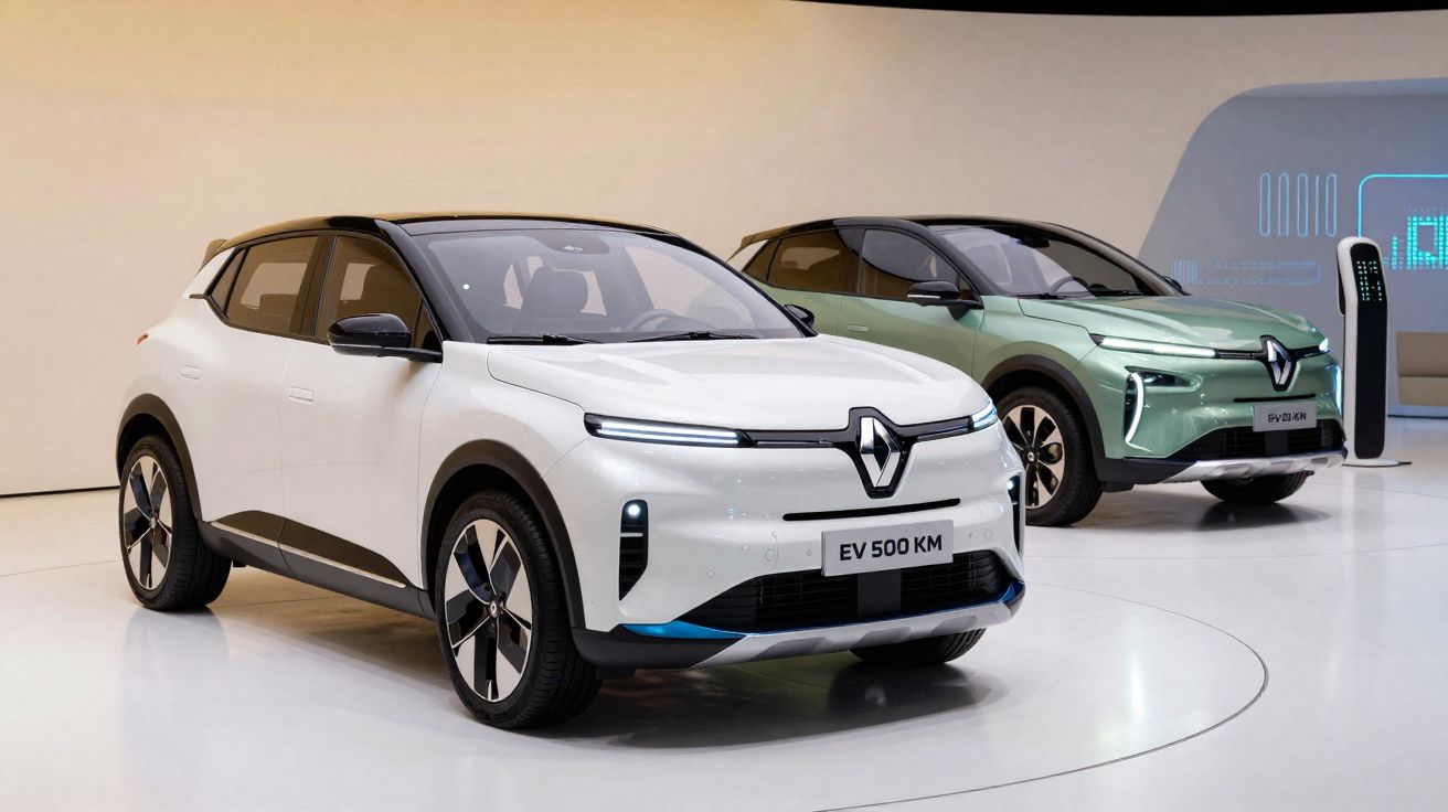 Dois carros elétricos Renault EV 500 KM expostos em ambiente moderno e minimalista.