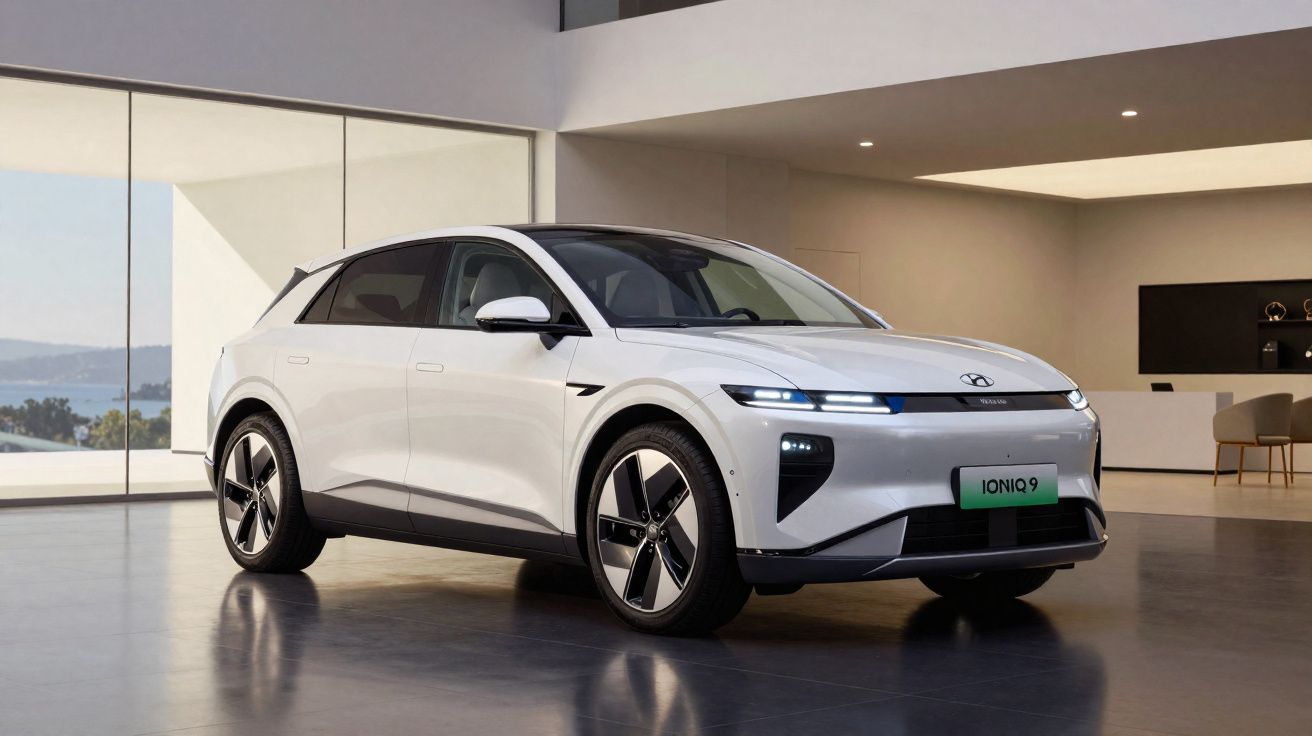 Automóvel eléctrico branco Hyundai Ioniq 9 estacionado em interior moderno com grandes janelas.