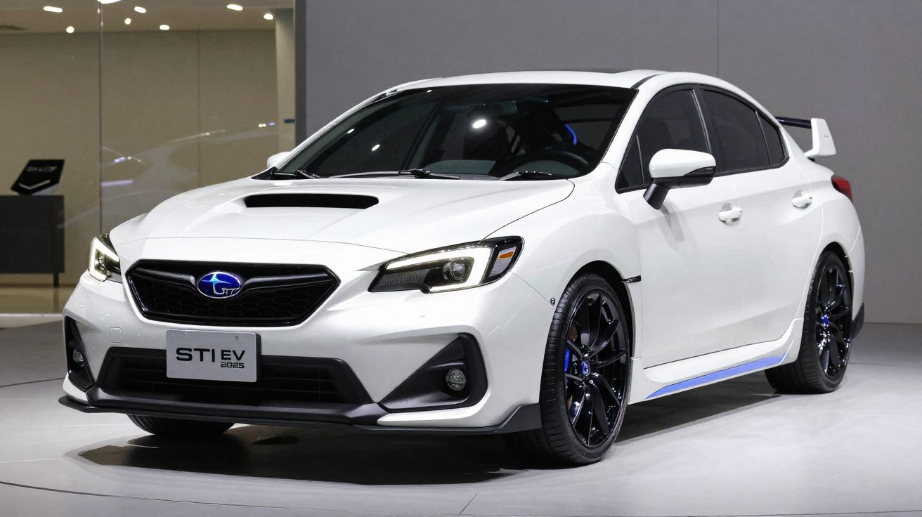 Carro desportivo branco Subaru STI EV com jantes pretas exposto em salão automóvel moderno.