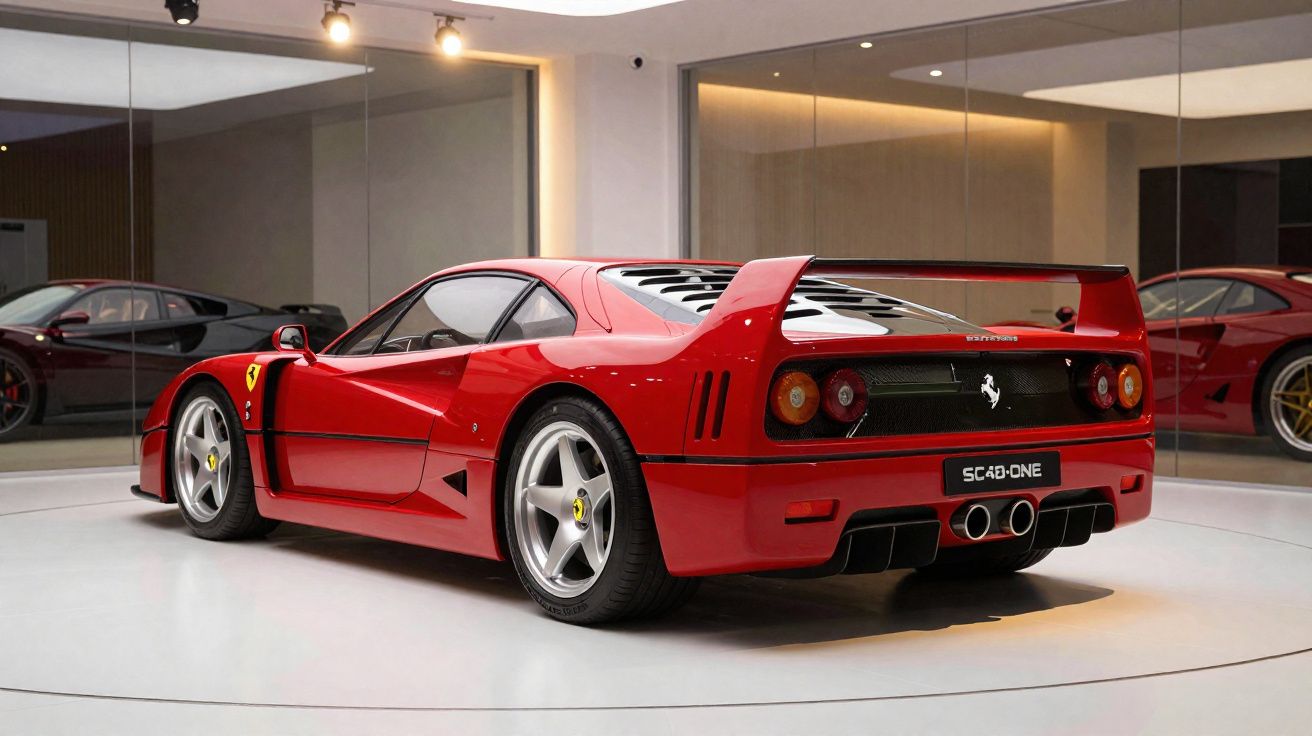 Ferrari F40 vermelho estacionado num interior minimalista com paredes espelhadas.