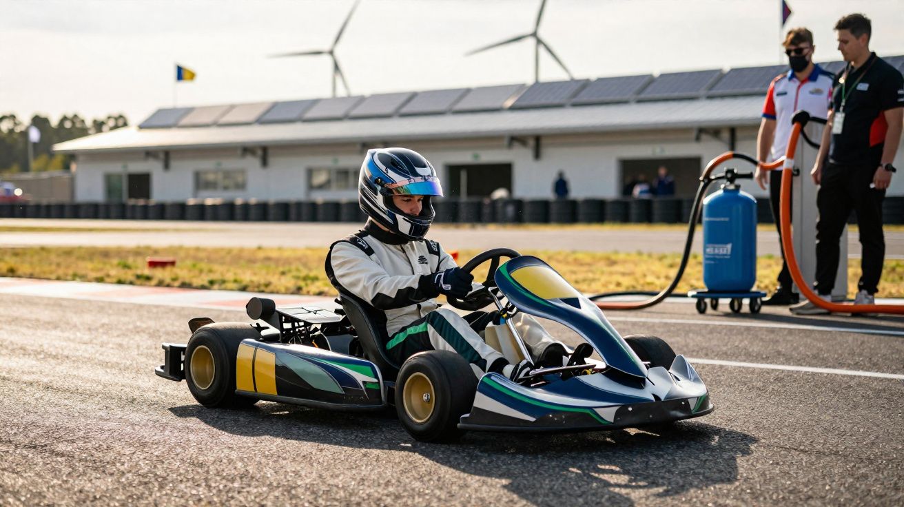 Condutor com fato e capacete num kart na pista de corrida, com técnicos ao fundo e turbinas eólicas.