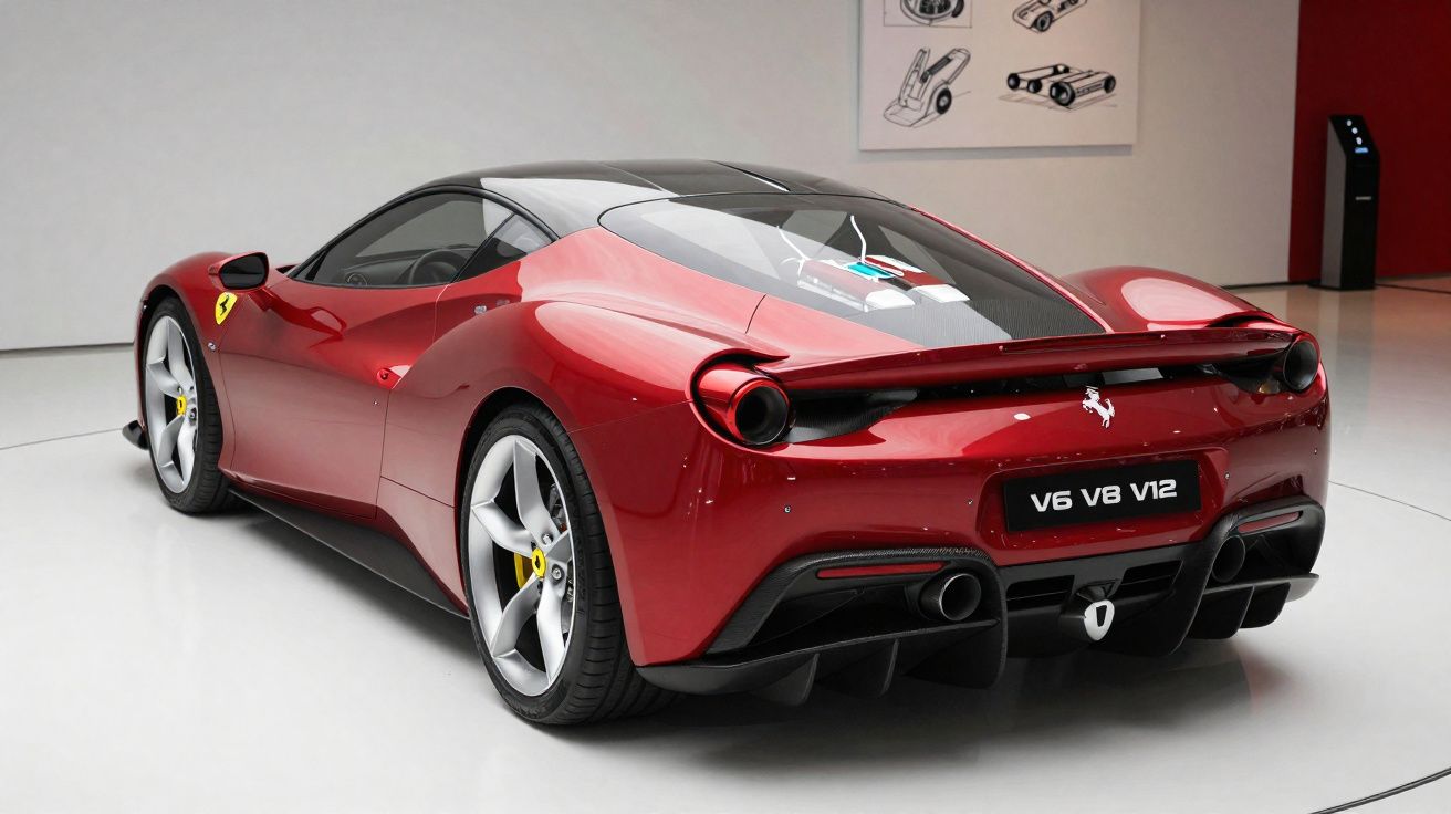 Carro desportivo Ferrari vermelho visto de traseira num showroom com motor V6 V8 V12.