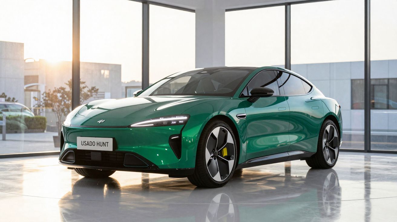 Carro eléctrico desportivo verde estacionado num showroom com janelas amplas e luz natural.