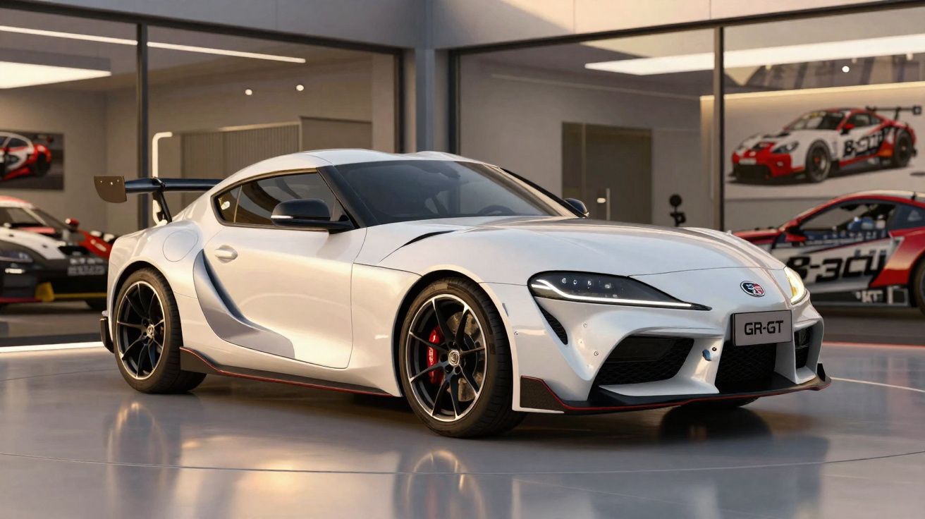 Carro desportivo branco Toyota GR-GT com jantes pretas, em garagem moderna com carros de corrida ao fundo.