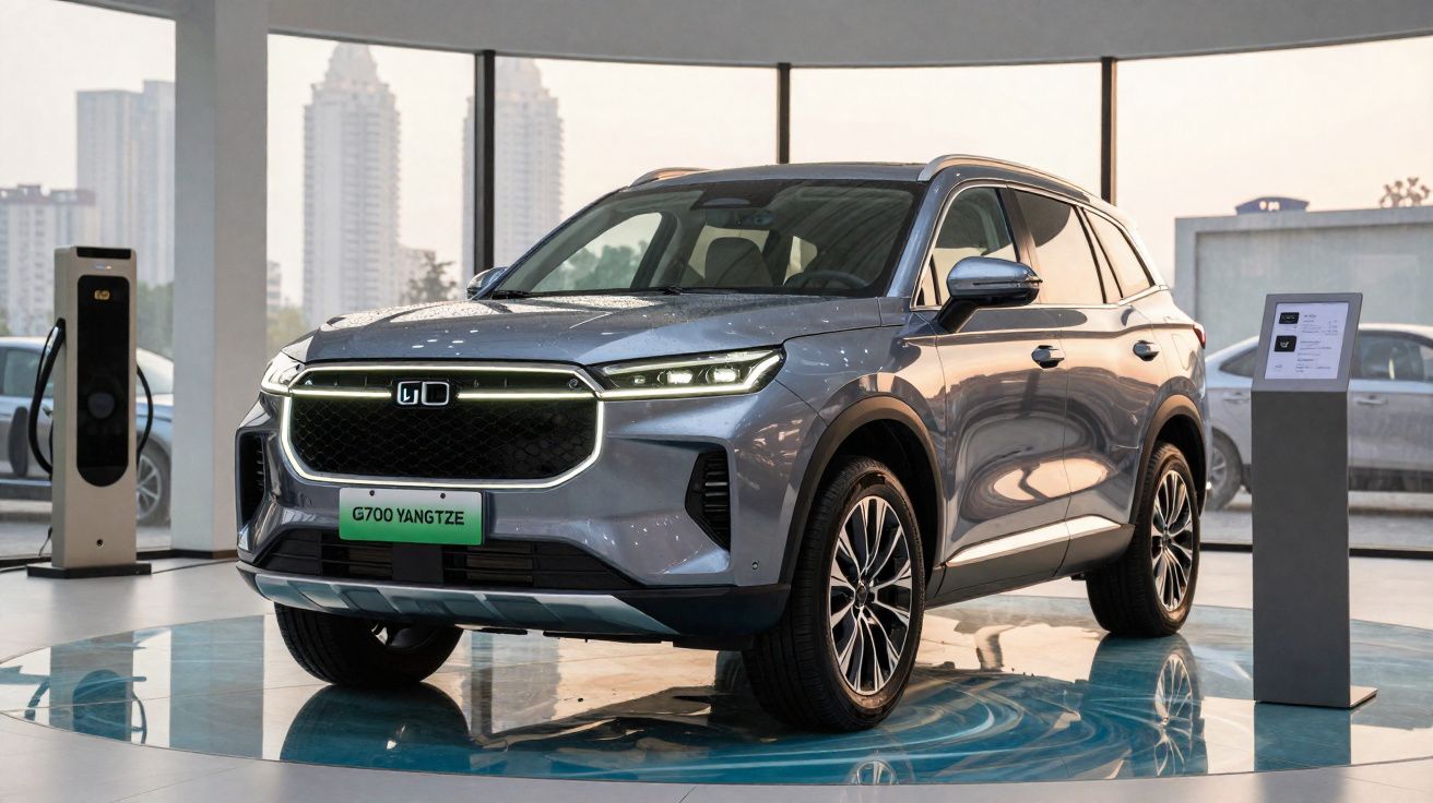 SUV elétrico cinza G700 Yangtze estacionado em showroom com carregador elétrico ao lado.