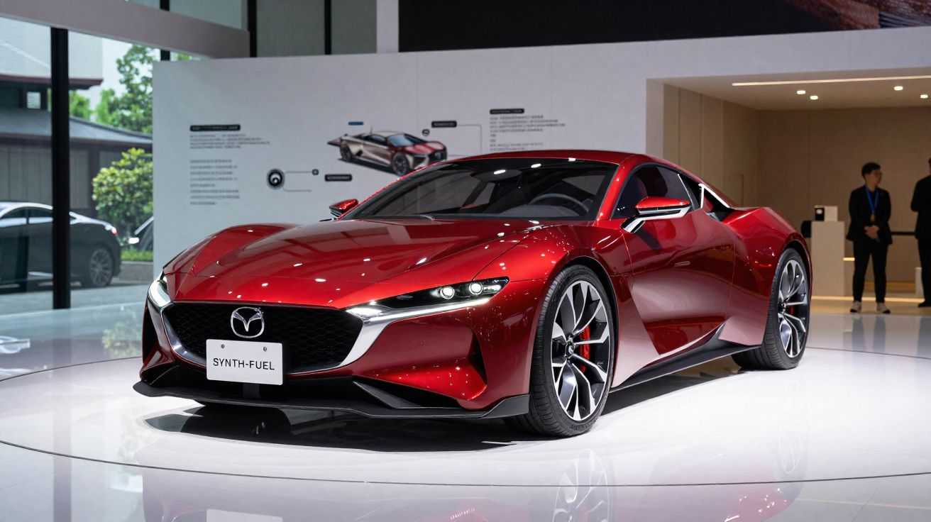 Carro desportivo vermelho Mazda Synth-Fuel num salão de exposições moderno com iluminação branca.