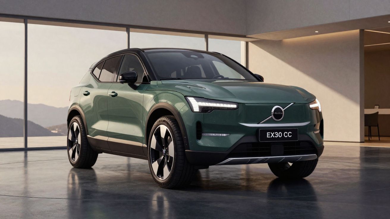 Volvo EX30 CC elétrico verde escuro estacionado numa garagem moderna com grandes janelas e vista para montanhas.