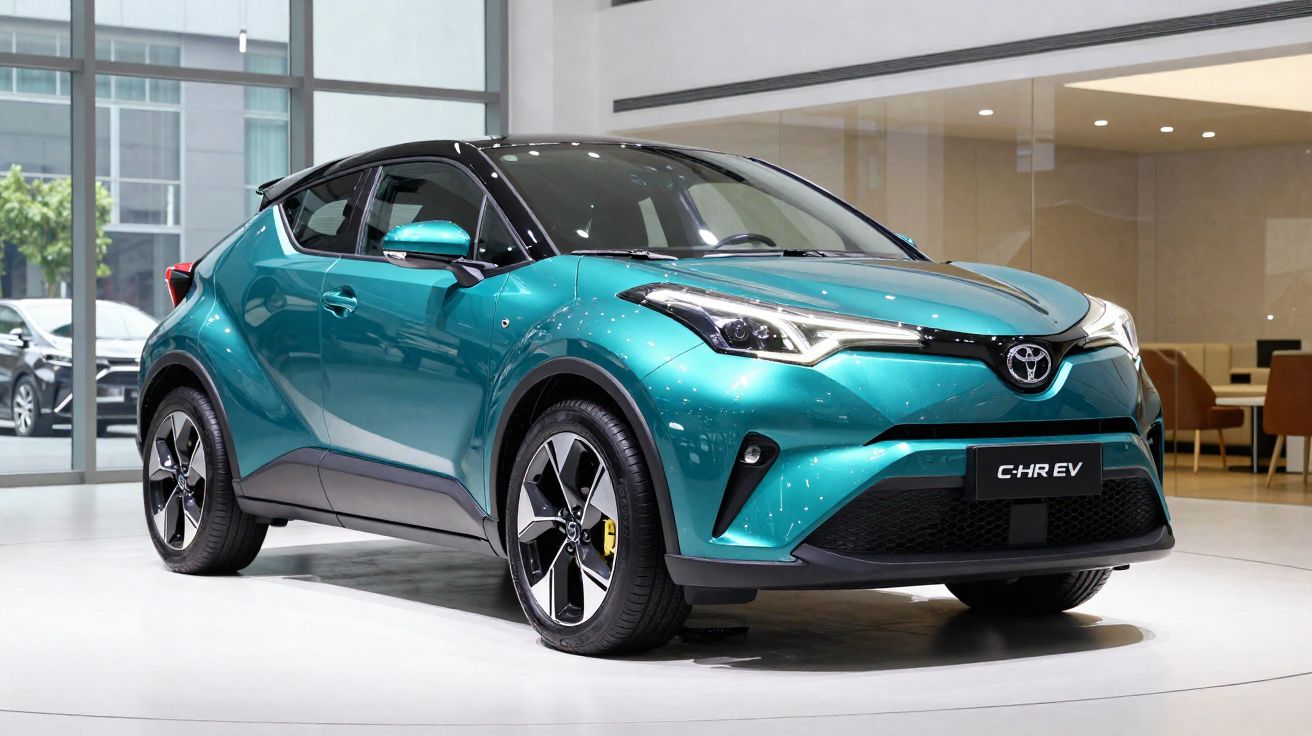 Toyota C-HR EV azul metálico estacionado em interior moderno com grandes janelas de vidro.