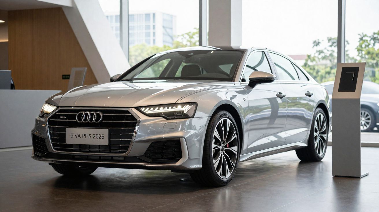 Automóvel Audi prateado modelo SIVA PHS 2026 em exposição numa sala moderna com janelas grandes.