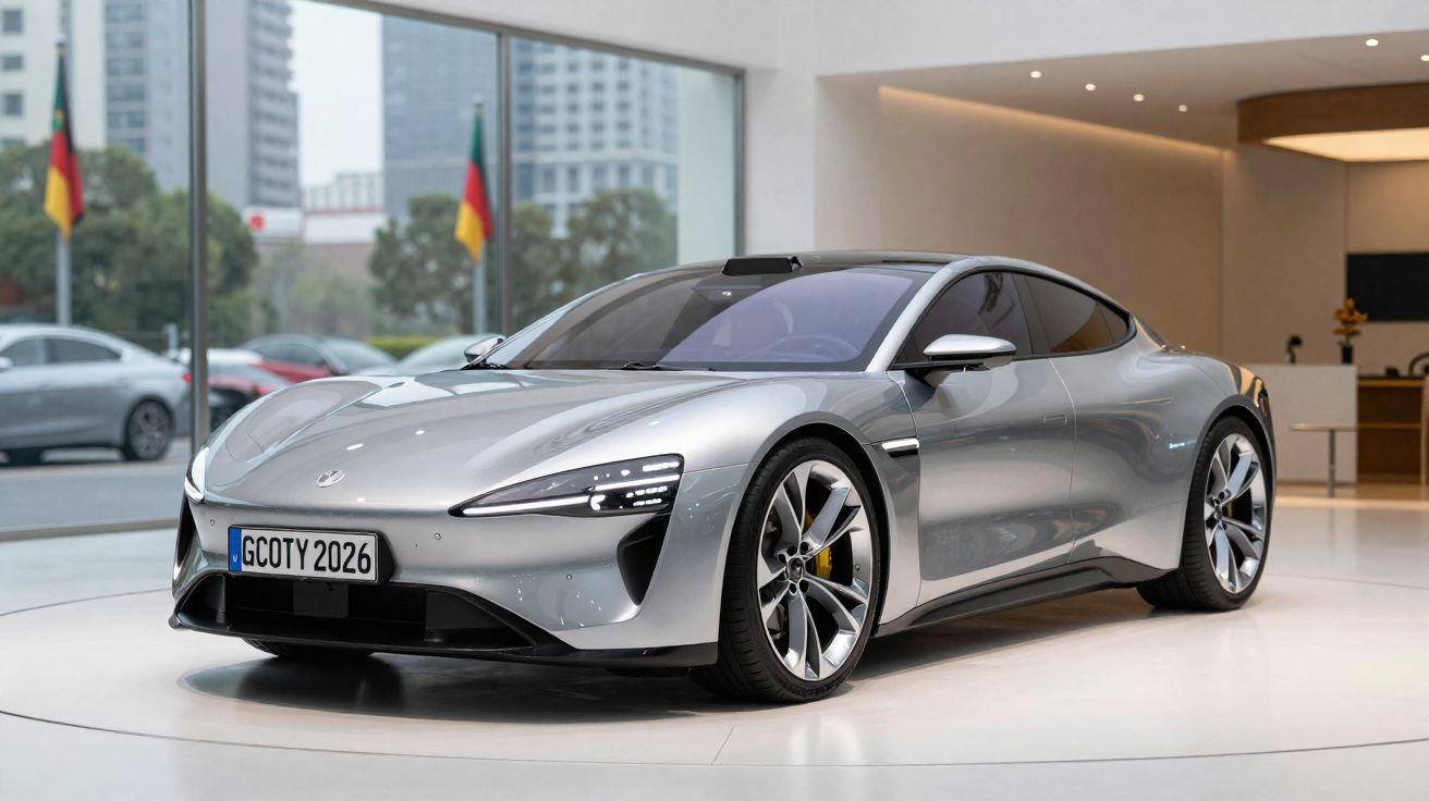 Carro eléctrico desportivo prateado estacionado em espaço interior com vidros amplos e bandeiras visíveis ao fundo.