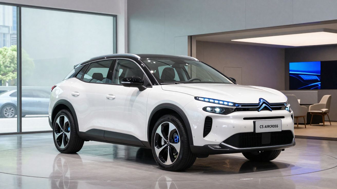 Carro Citroën C5 Aircross branco exposto em salão moderno com janelas e cadeiras ao fundo.