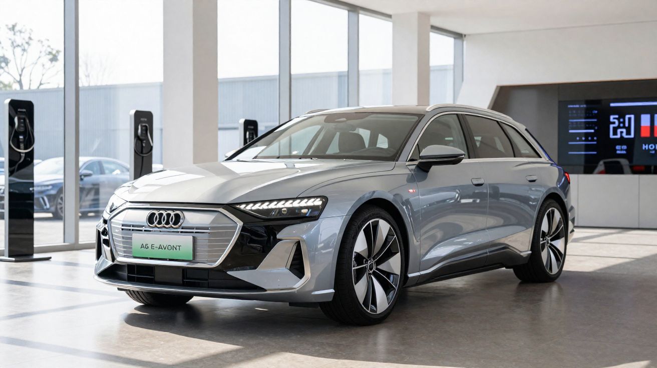 Audi A6 e-avant cinzento estacionado dentro de uma garagem urbana moderna com carregadores elétricos.