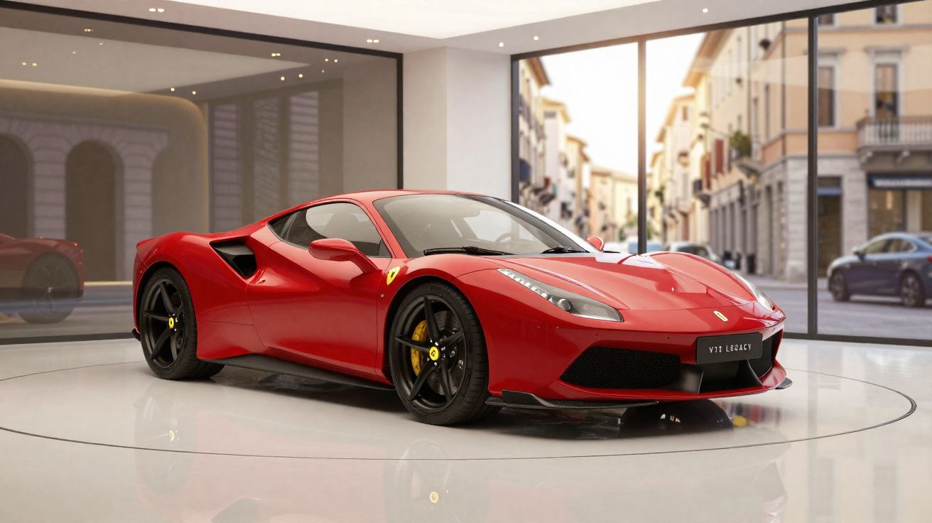 Carro desportivo vermelho Ferrari estacionado numa sala iluminada com grandes janelas e vista urbana.