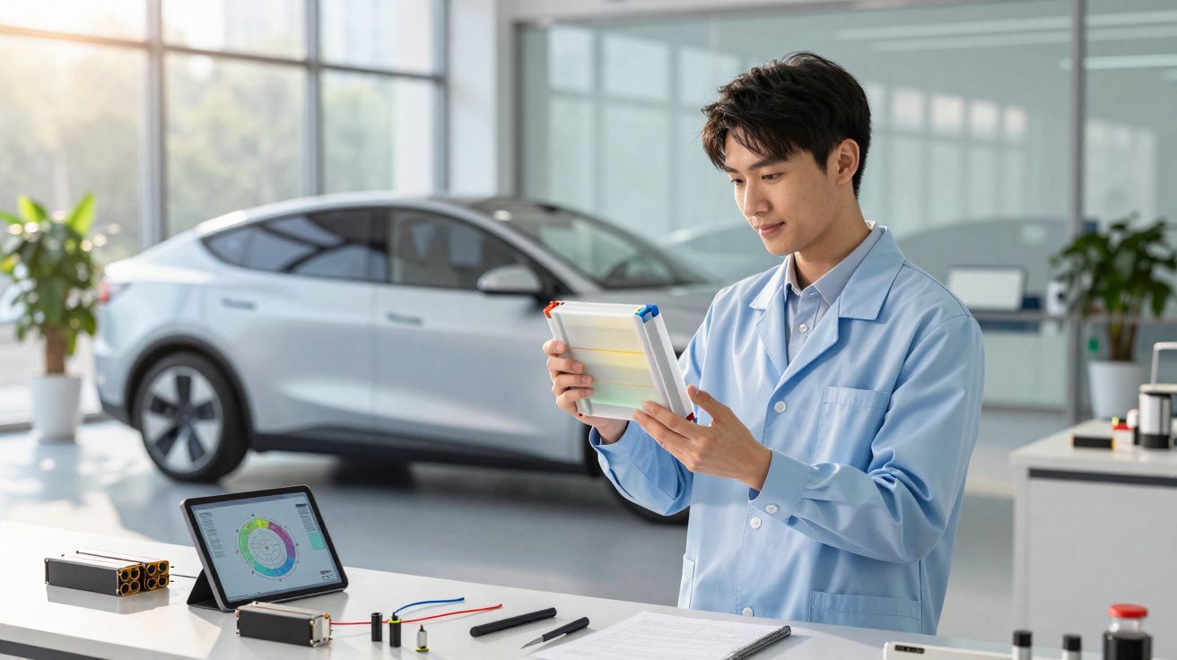 Homem com bata azul analisa dispositivo elétrico em laboratório com carro e tablet ao fundo.