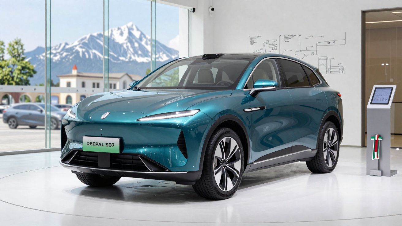 Carro elétrico azul Deepal S07 exposto em showroom com janelas panorâmicas e montanha nevada ao fundo.