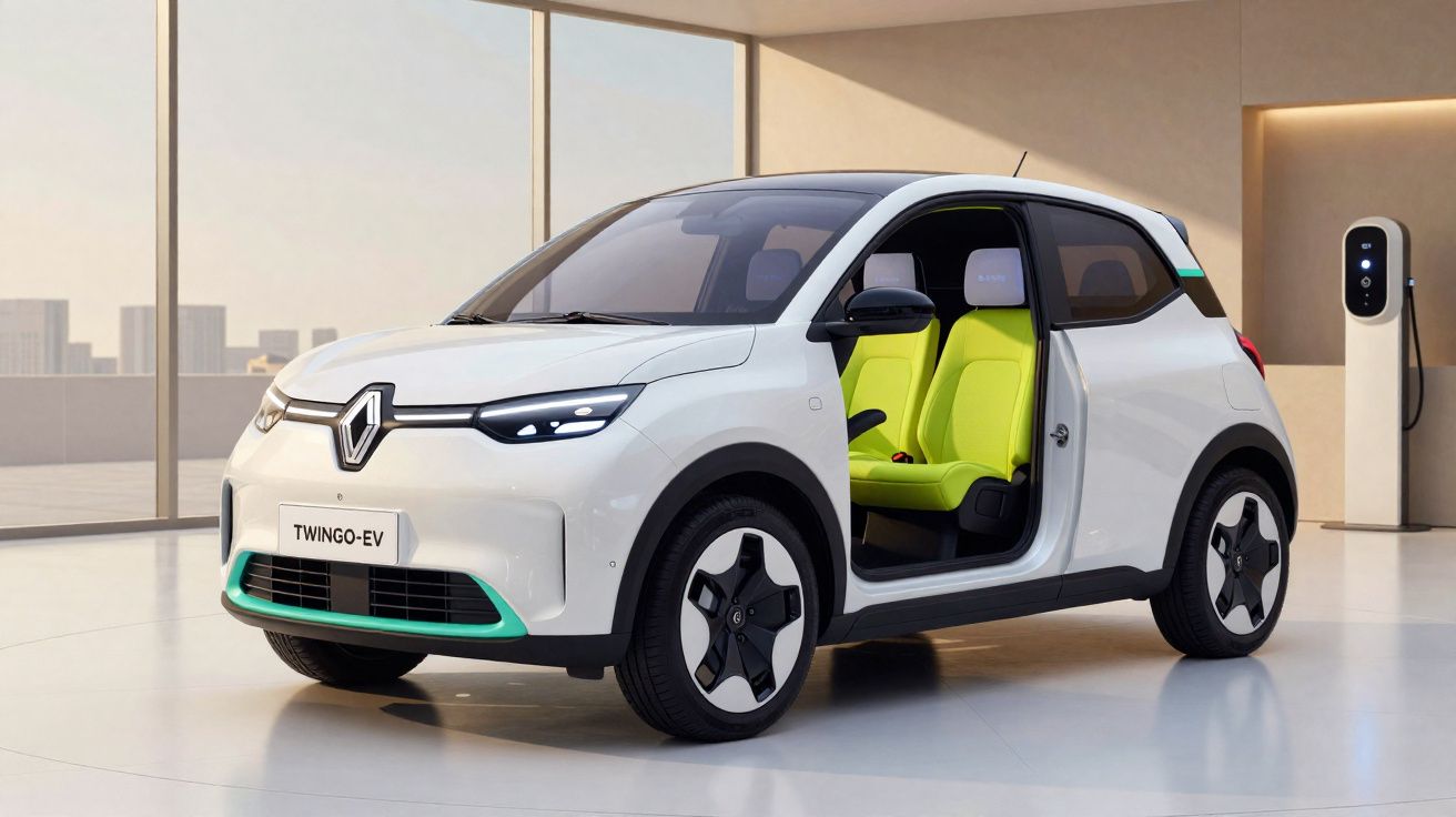 Renault Twingo elétrico branco com portas abertas e interior com bancos amarelo-limão, carregador ao fundo.