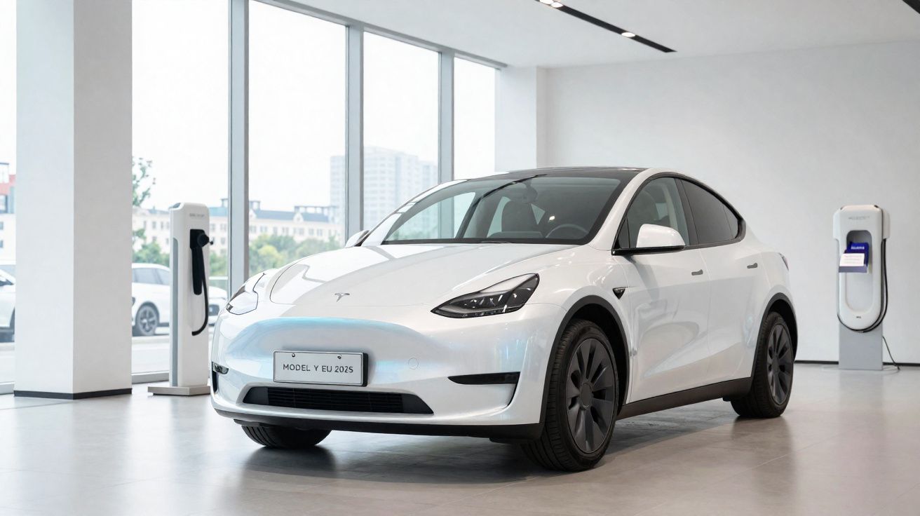 Carro elétrico Tesla Model Y branco estacionado em showroom moderno com carregadores ao fundo.