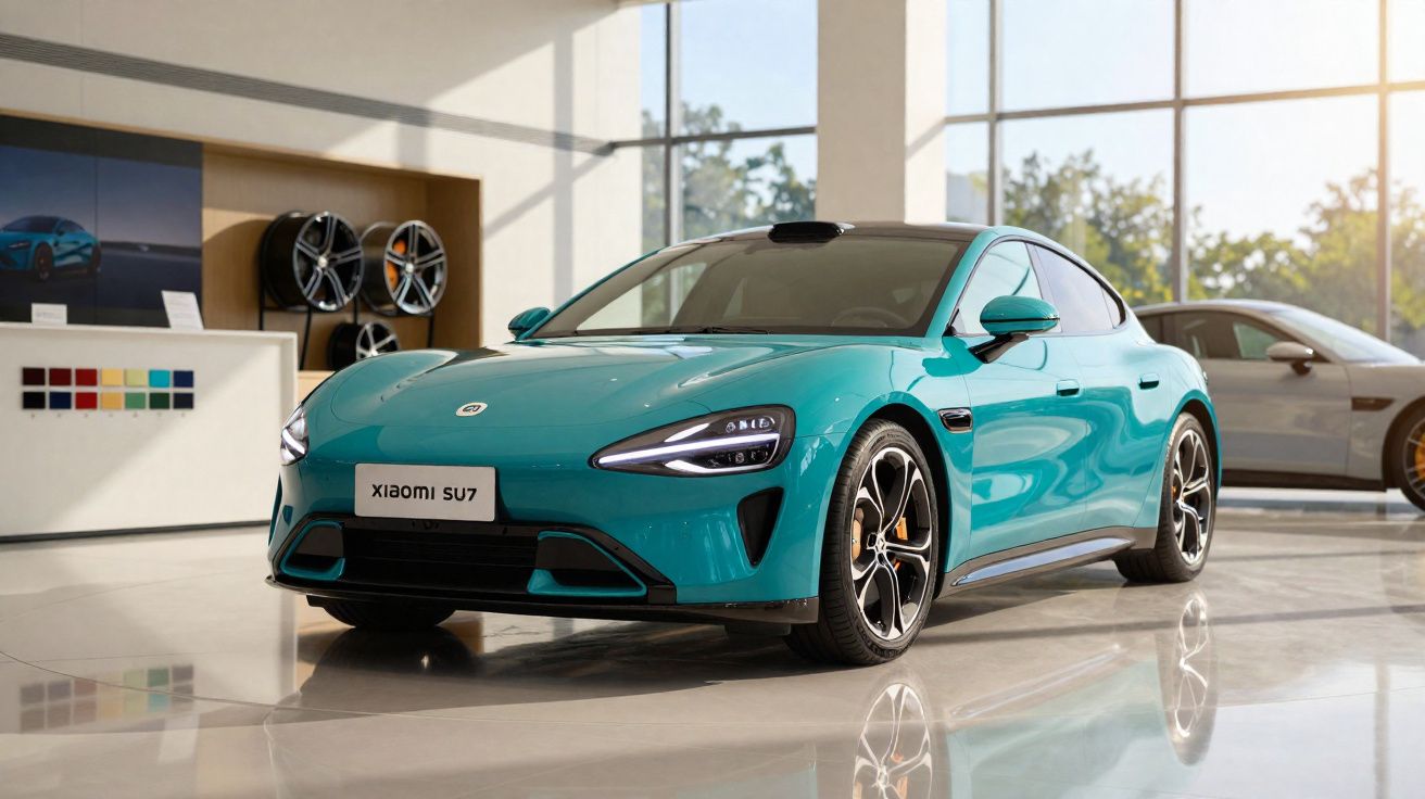 Carro elétrico desportivo azul-turquesa Xiaomi SU7 em exposição numa sala iluminada e moderna.
