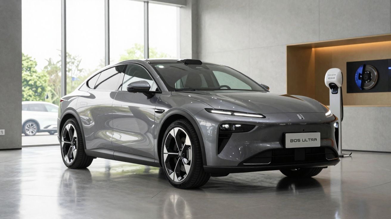 Carro elétrico cinzento BOS Ultra estacionado em showroom moderno, com carregador elétrico na parede.