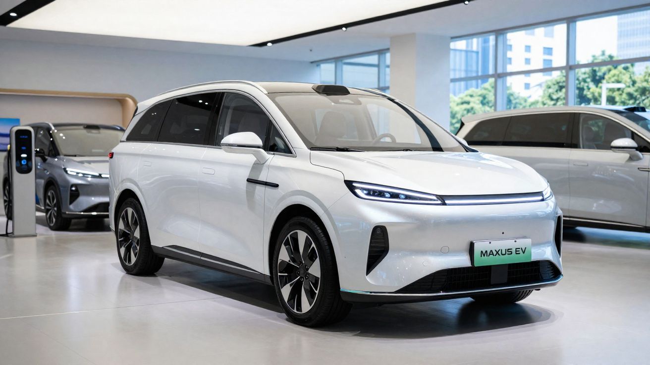 Carro elétrico branco modelo Maxus EV exposto em salão moderno e iluminado com outras viaturas ao fundo.