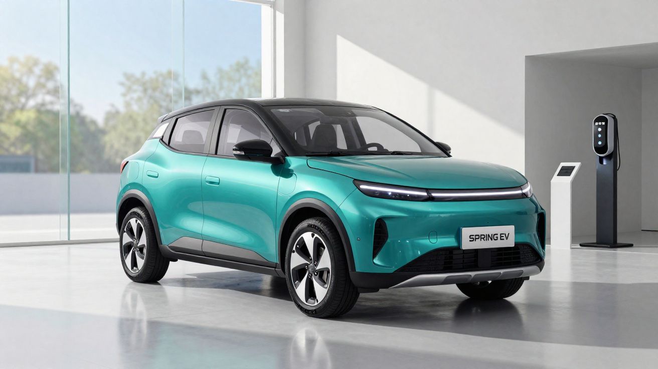 Carro elétrico azul turquesa estacionado em espaço interno moderno próximo a posto de carregamento.