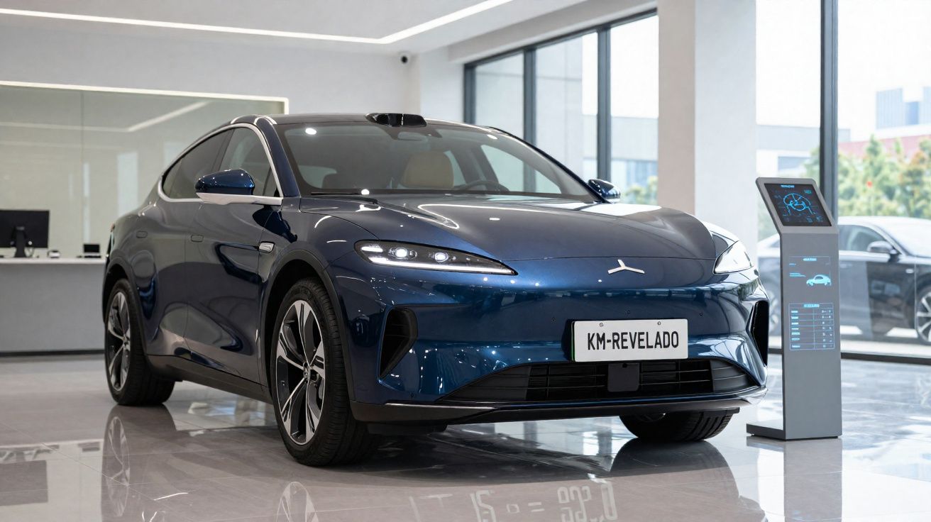 Carro elétrico azul escuro exibido numa sala de exposição moderna com placa "KM-REVELADO".