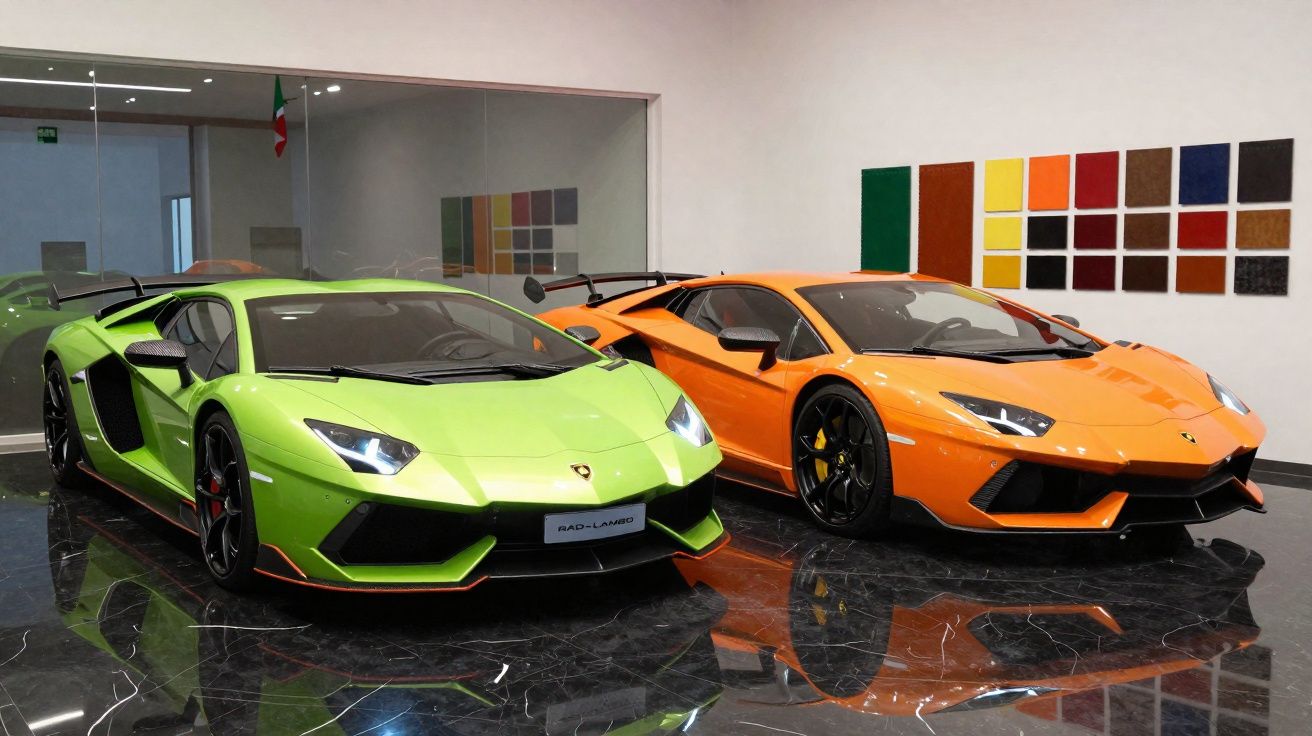 Dois carros desportivos Lamborghini, um verde e um laranja, numa exposição com chão preto brilhante.