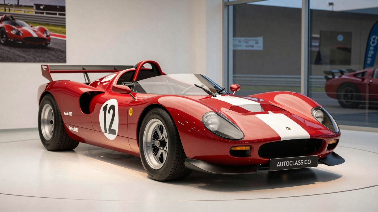 Carro de corrida clássico vermelho com faixa branca e número 12 exposto em museu Automobilístico.