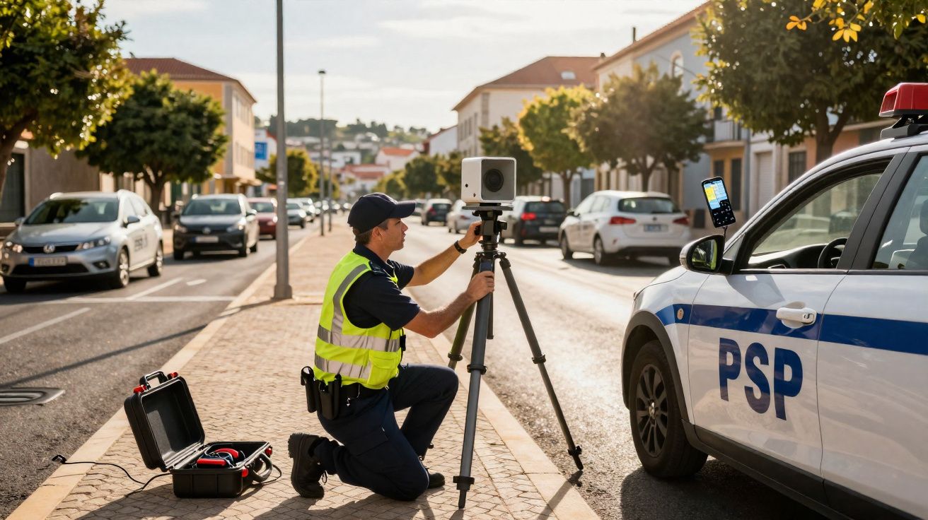 Polícia da PSP ajusta radar portátil na calçada junto a viatura numa rua urbana durante o dia.