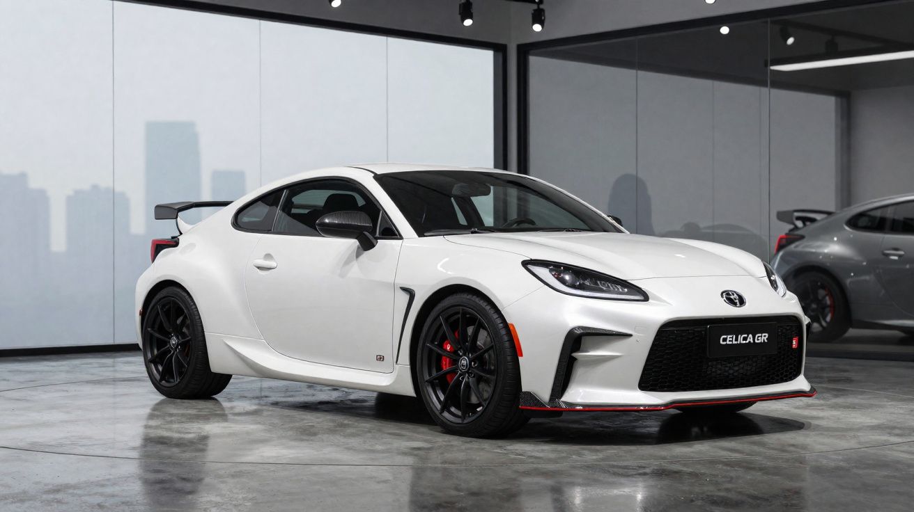 Carro desportivo branco Toyota GR em showroom moderno com jantes pretas e detalhes vermelhos.