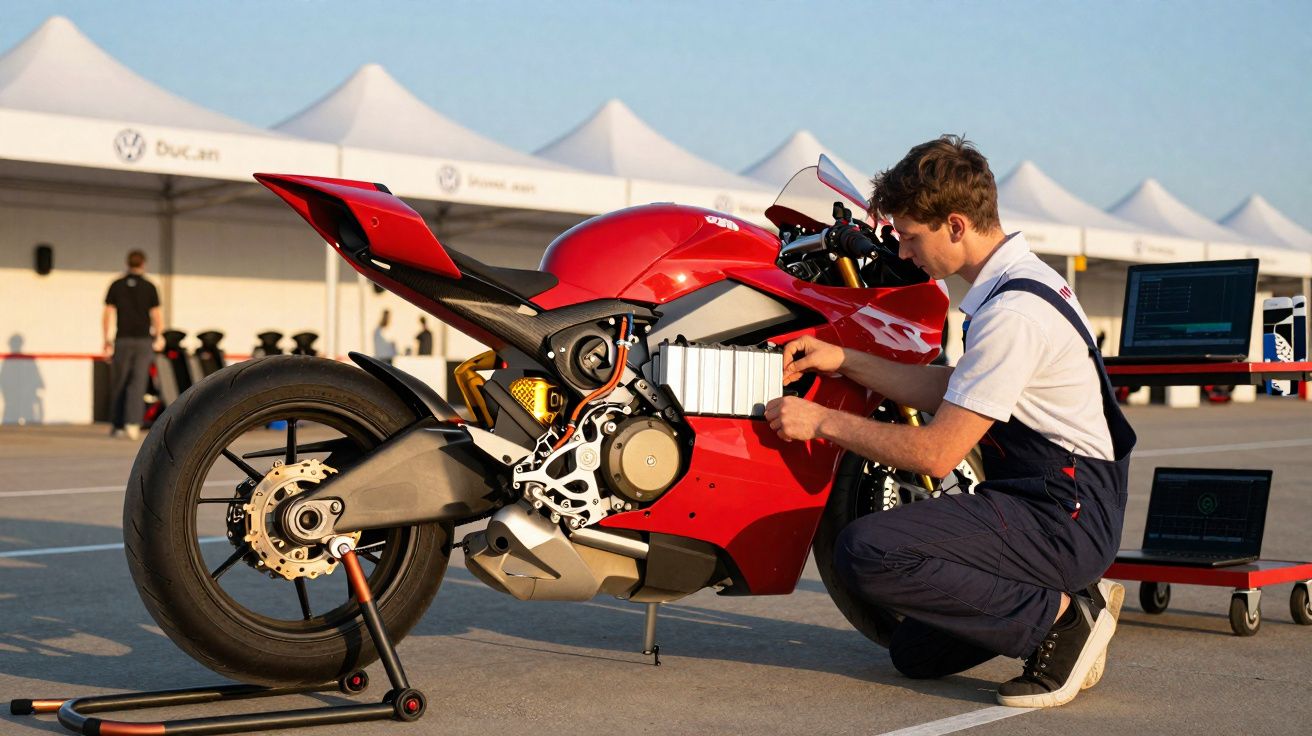 Técnico a instalar bateria elétrica numa mota desportiva vermelha num parque de estacionamento ao ar livre.