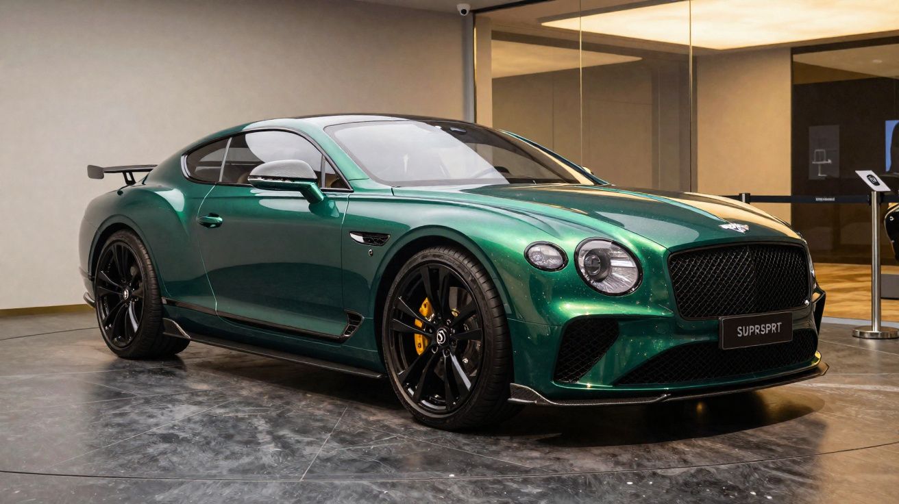 Carro desportivo Bentley verde metálico estacionado em piso de pedra num interior moderno.