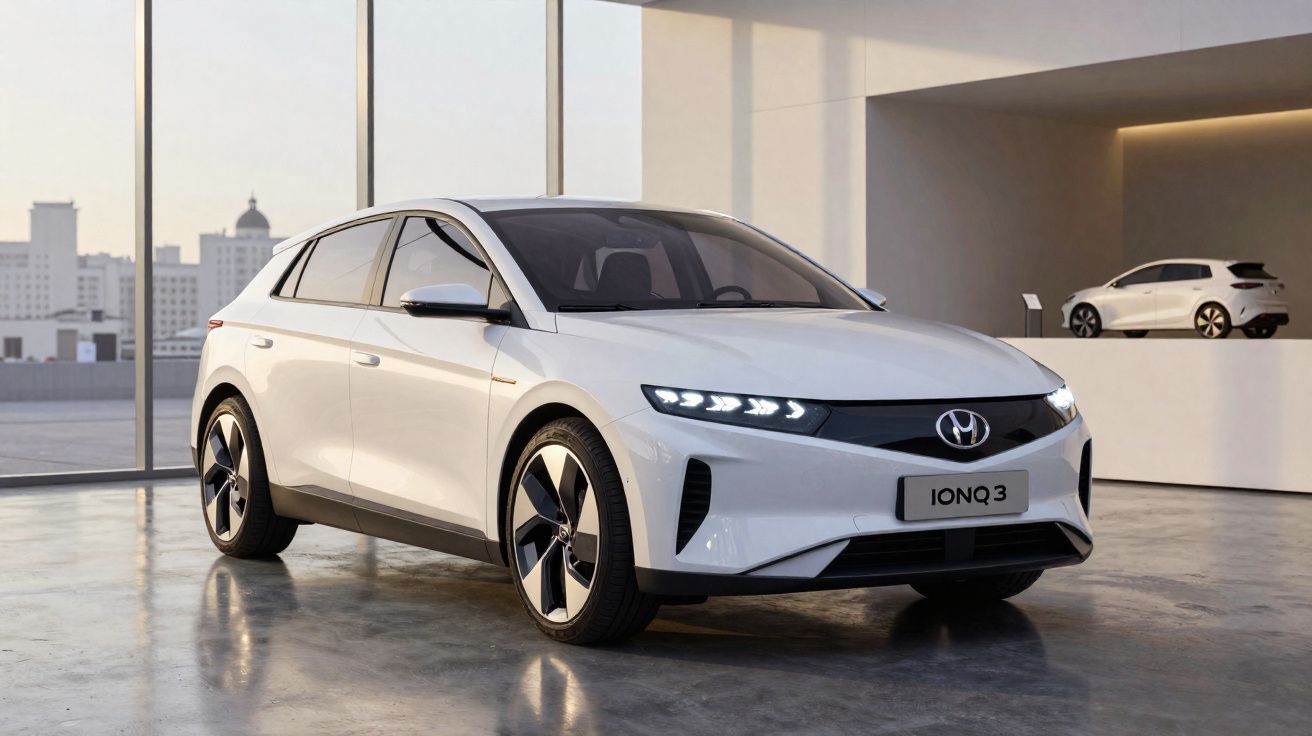 Automóvel elétrico branco Hyundai IONIQ 3 estacionado em espaço moderno com luz natural.