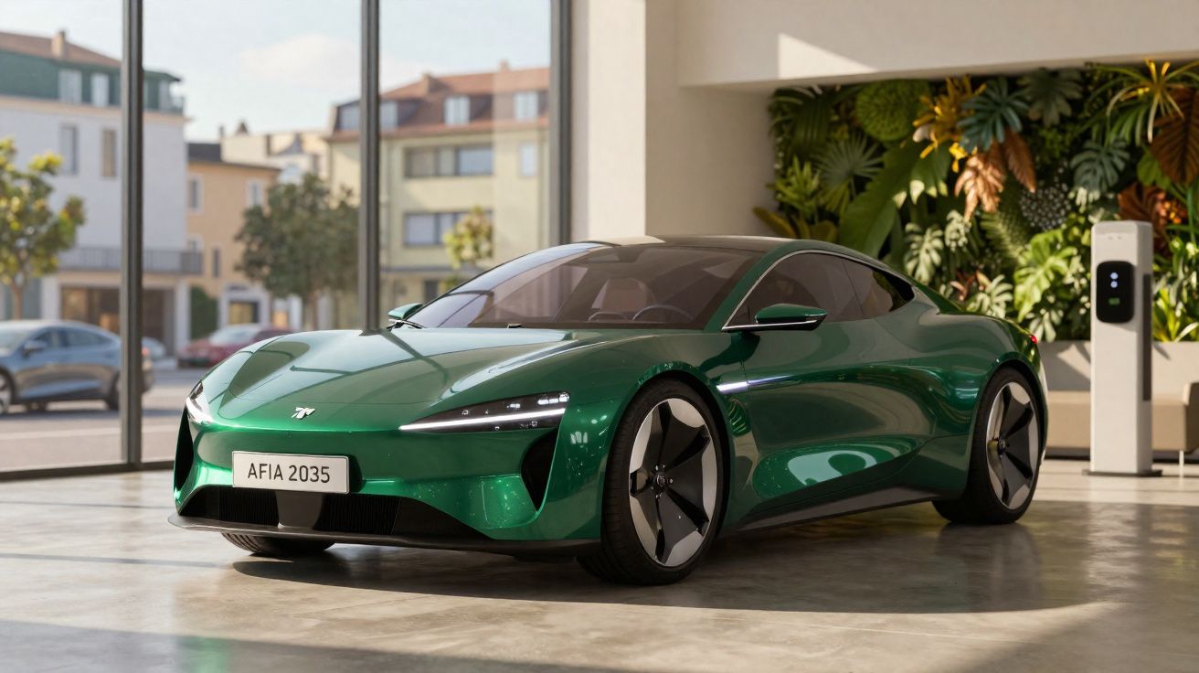 Carro desportivo elétrico verde com design futurista num espaço interior iluminado por janelas grandes.