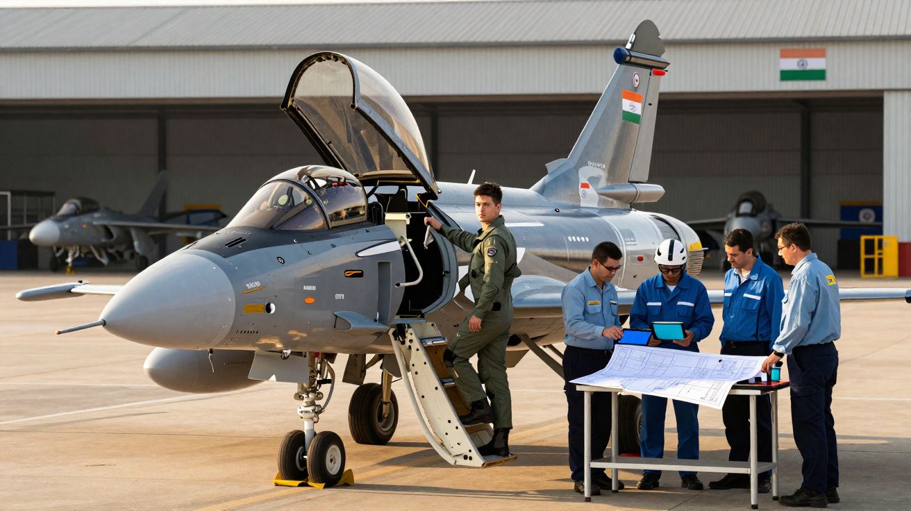 Militares e técnicos trabalham junto a um avião de caça num hangar com bandeira da Índia ao fundo.