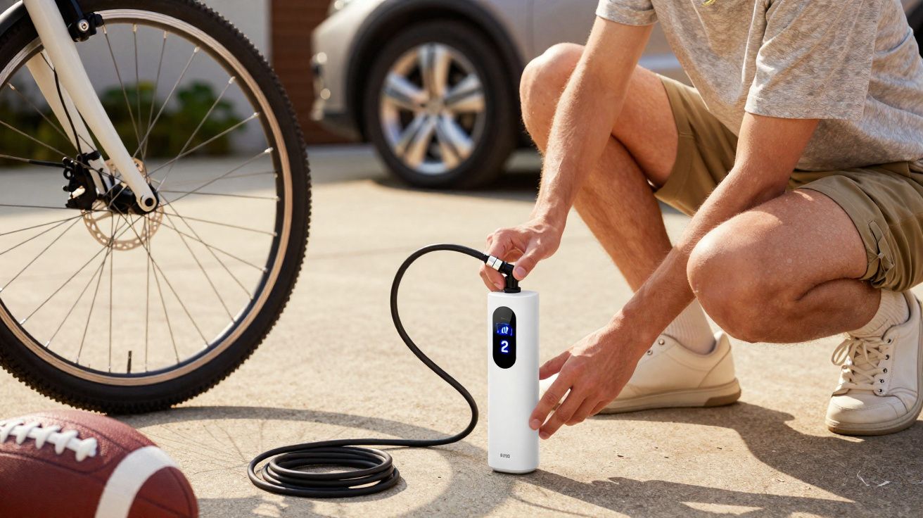 Pessoa a encher o pneu de uma bicicleta com uma bomba elétrica branca num passeio ao ar livre.