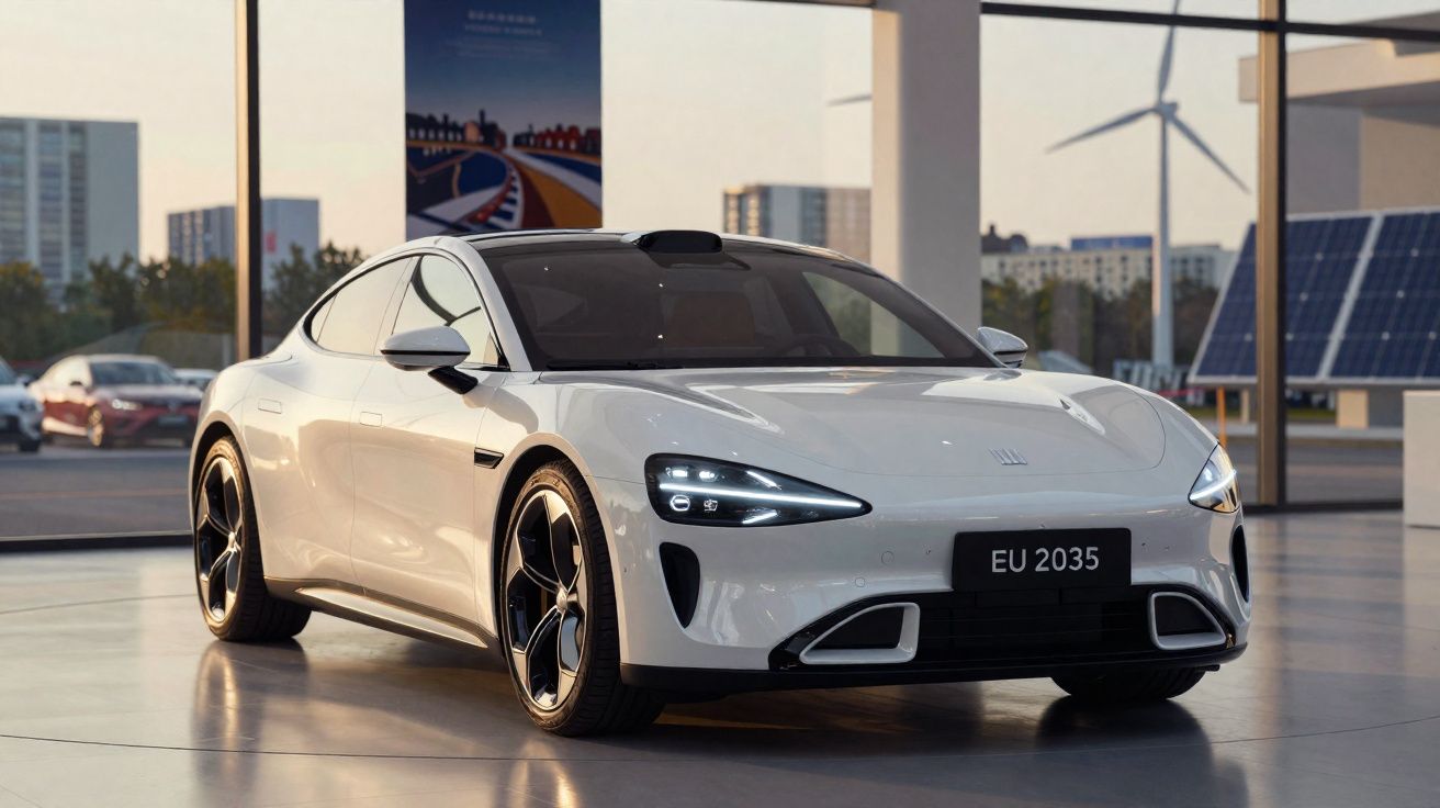 Carro elétrico branco moderno estacionado num showroom com painéis solares ao fundo.