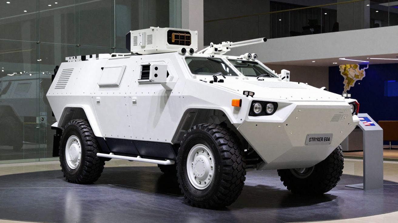 Veículo blindado branco de quatro rodas exposto em interior moderno com placas de identificação.