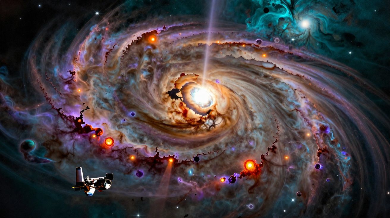 Nave espacial próxima a uma galáxia espiral colorida com núcleo luminoso e núcleos brilhantes ao redor.