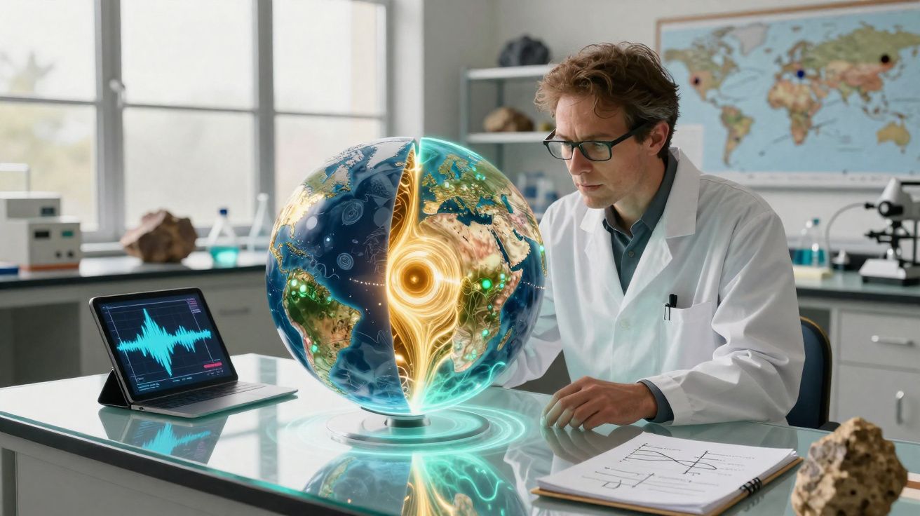 Cientista examina modelo digital do interior da Terra com monitor de ondas sísmicas em laboratório.