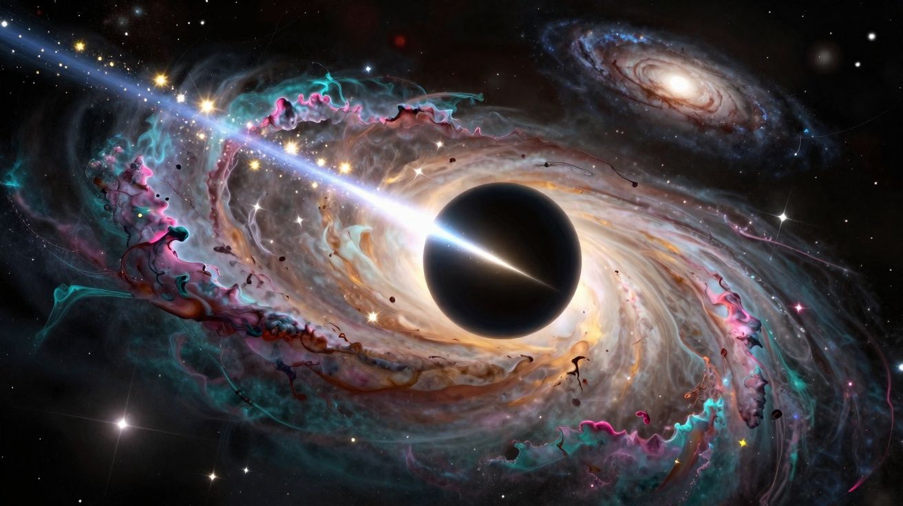 Buraco negro no centro de uma galáxia com jato de energia e nuvens coloridas no espaço cósmico.