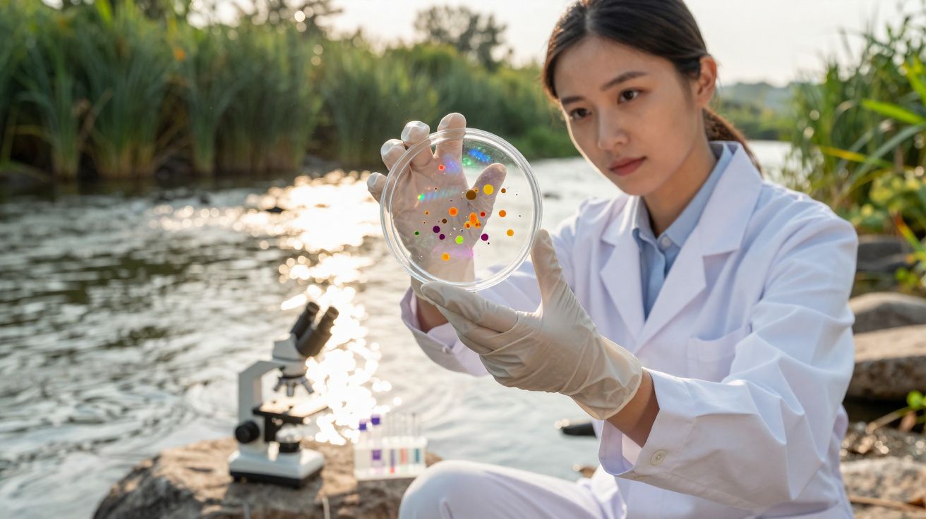 Cientista analisa placa de Petri com amostras perto de rio, com material de laboratório ao lado.