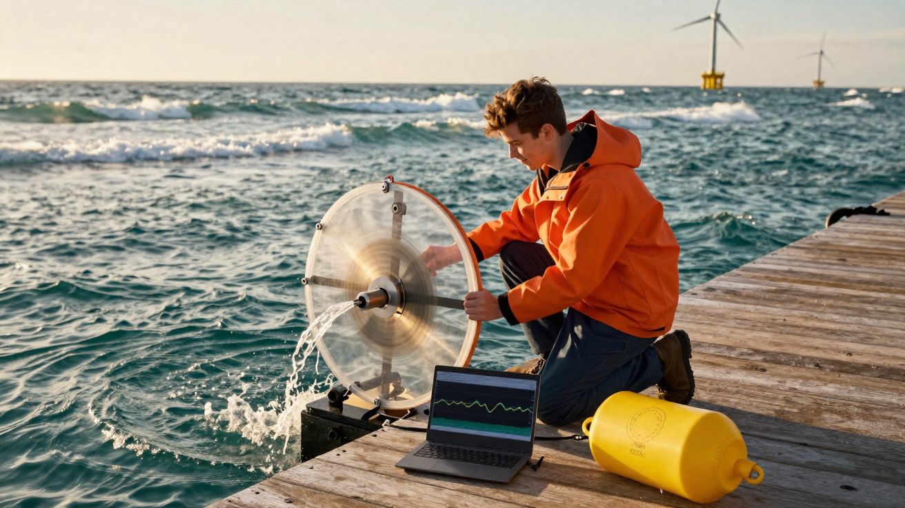 Homem com casaco laranja manipula equipamento de captação de energia na água, com laptop e turbinas eólicas ao fundo.