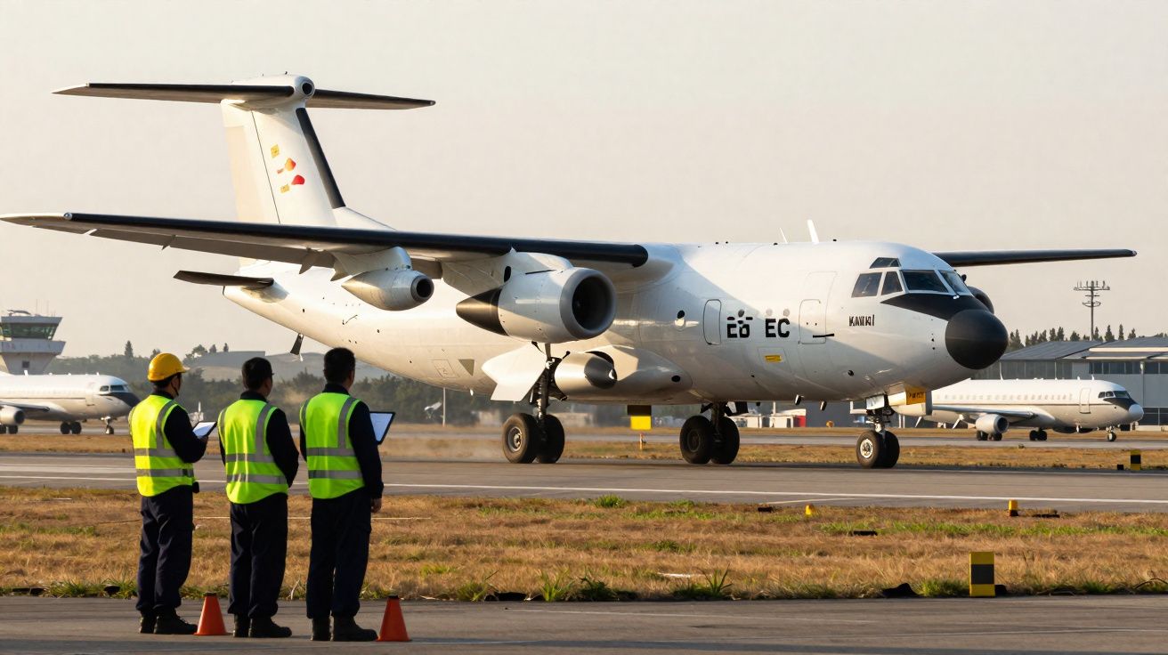 Avião militar branco taxiando com três trabalhadores de colete amarelo a observar numa pista de aeroporto.